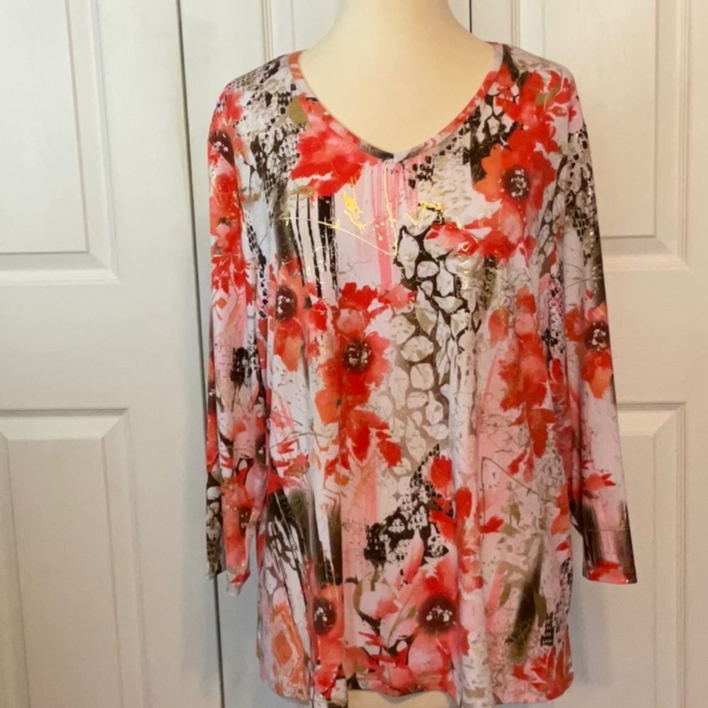 Alia Red Gold Floral Top Blouse‎ 1X